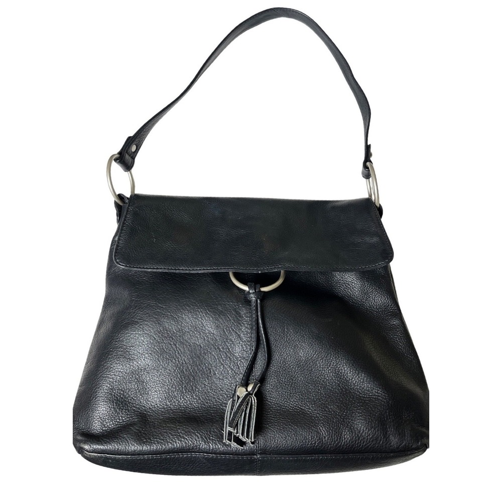 Paul & Taylor USA Black Pebbled Leather‎ Shoulder Bag Silver Ring Tassel